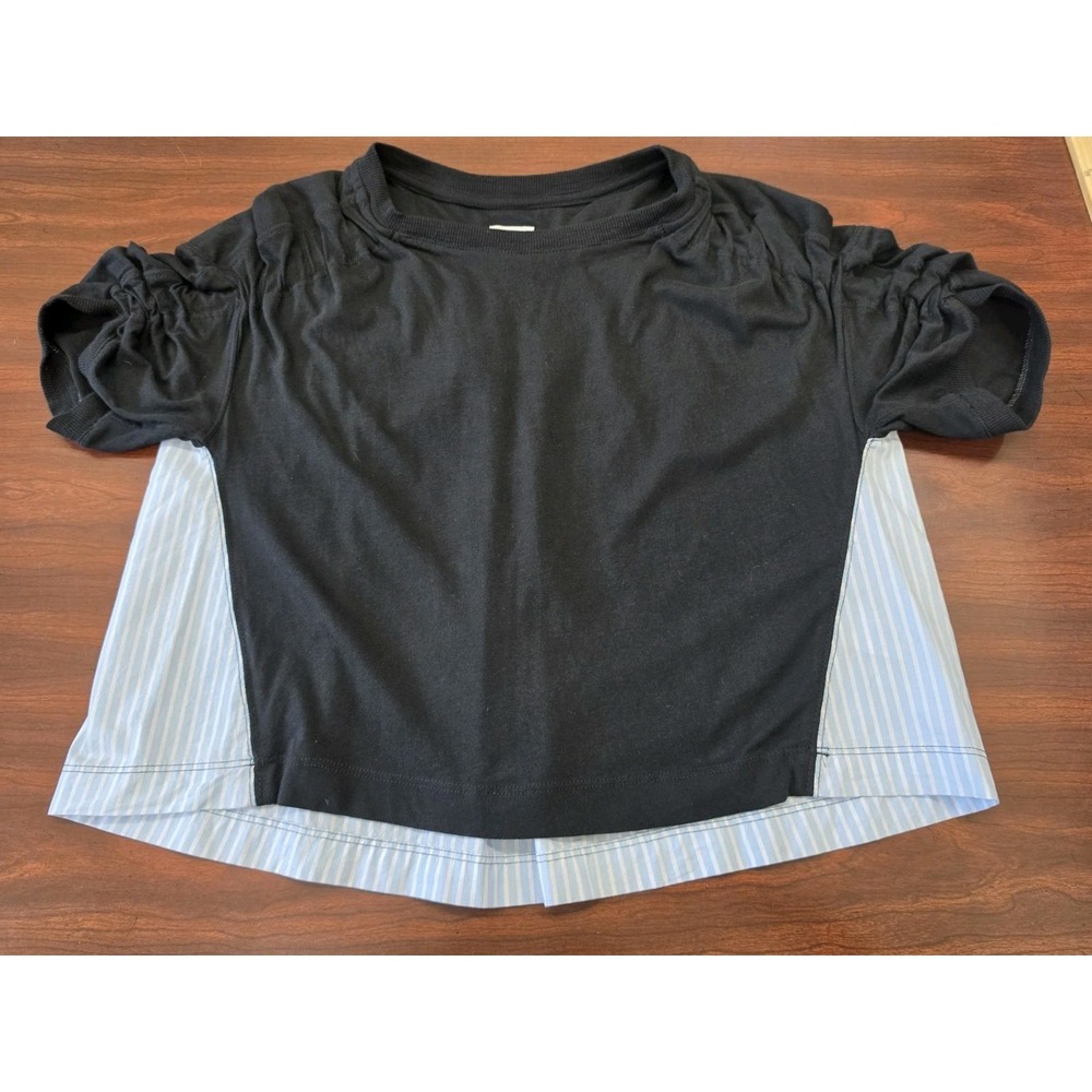 Anthropologie Maeve Mixed Media Top XS Black Knit Stripe Poplin Back Puff Sleeve - Picture 1 of 6